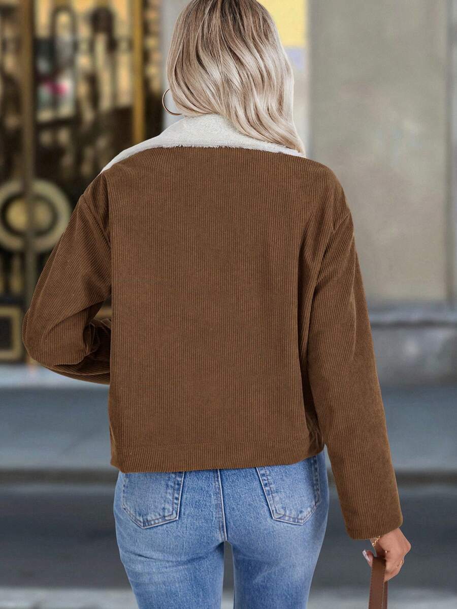 Louniche 1pc Solid Color Thermal Lined Front Zip Pocket Casual Long Sleeve Jacket Fall Winter Cloth For Women