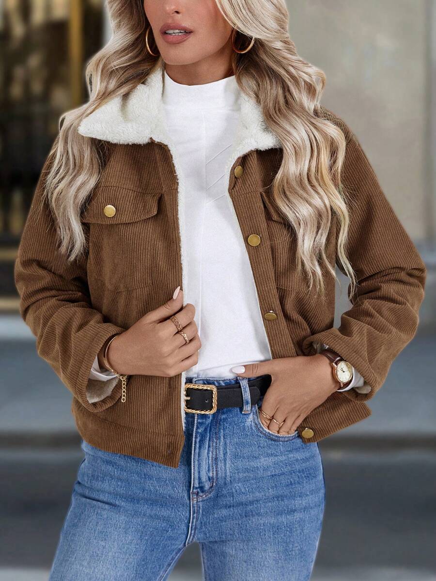Louniche 1pc Solid Color Thermal Lined Front Zip Pocket Casual Long Sleeve Jacket Fall Winter Cloth For Women