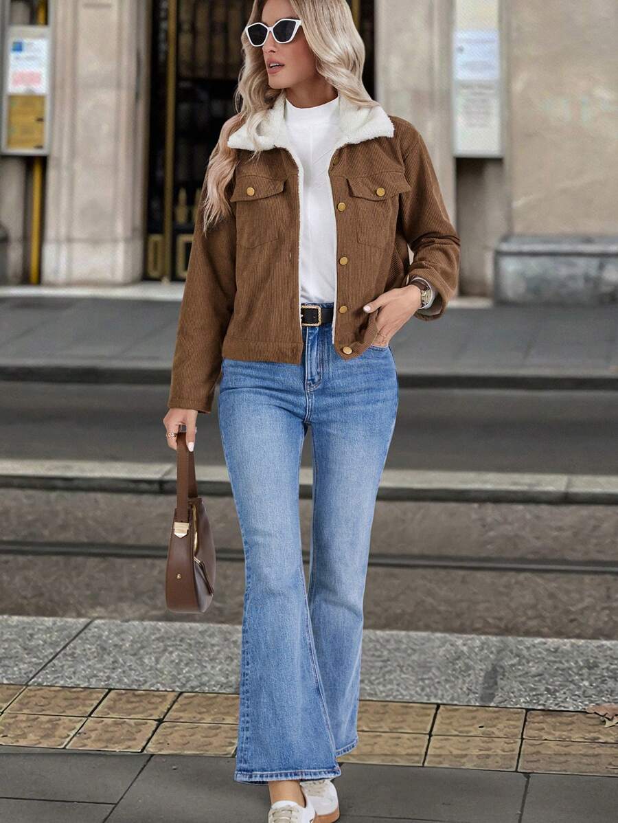Louniche 1pc Solid Color Thermal Lined Front Zip Pocket Casual Long Sleeve Jacket Fall Winter Cloth For Women