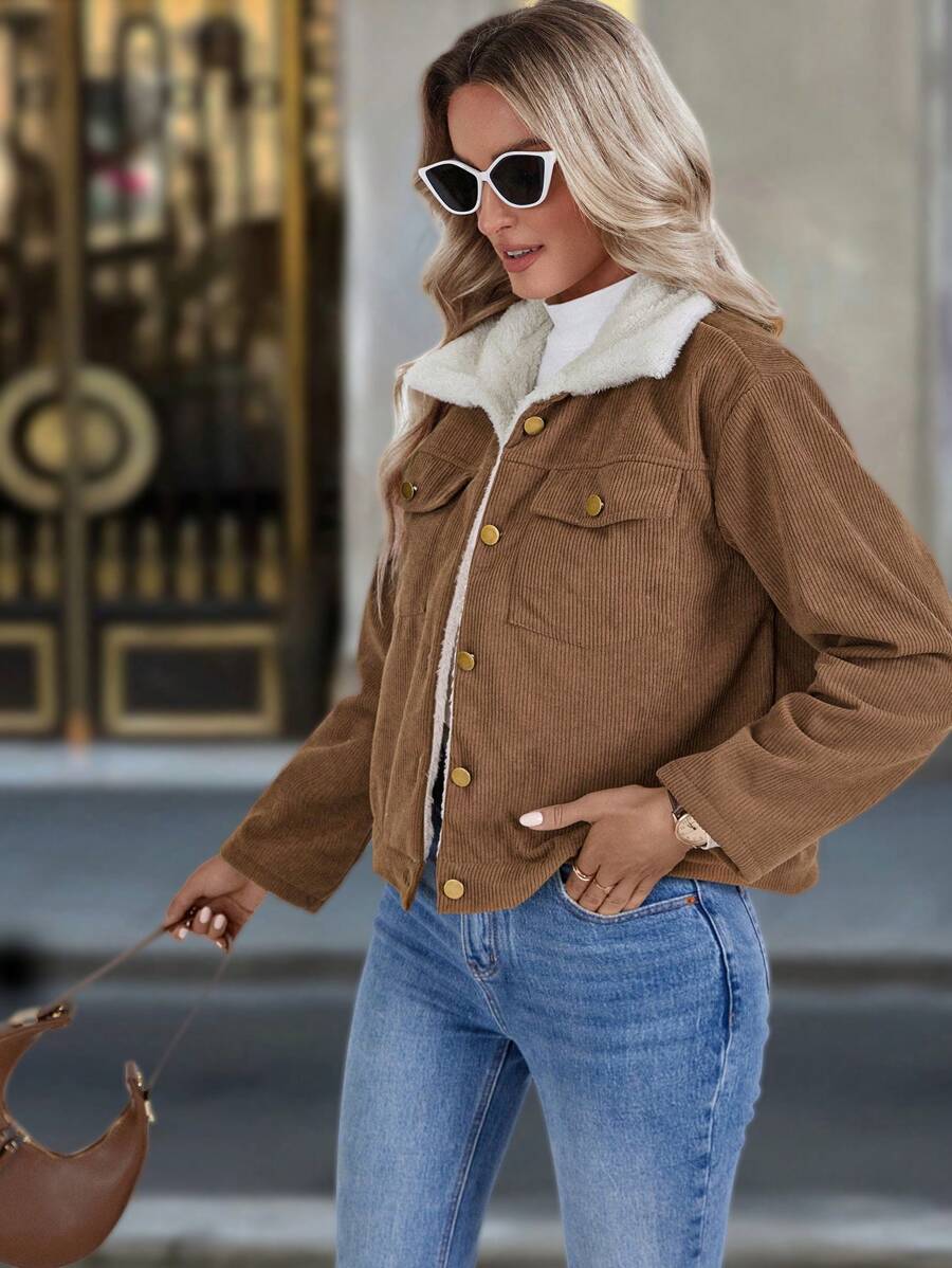 Louniche 1pc Solid Color Thermal Lined Front Zip Pocket Casual Long Sleeve Jacket Fall Winter Cloth For Women