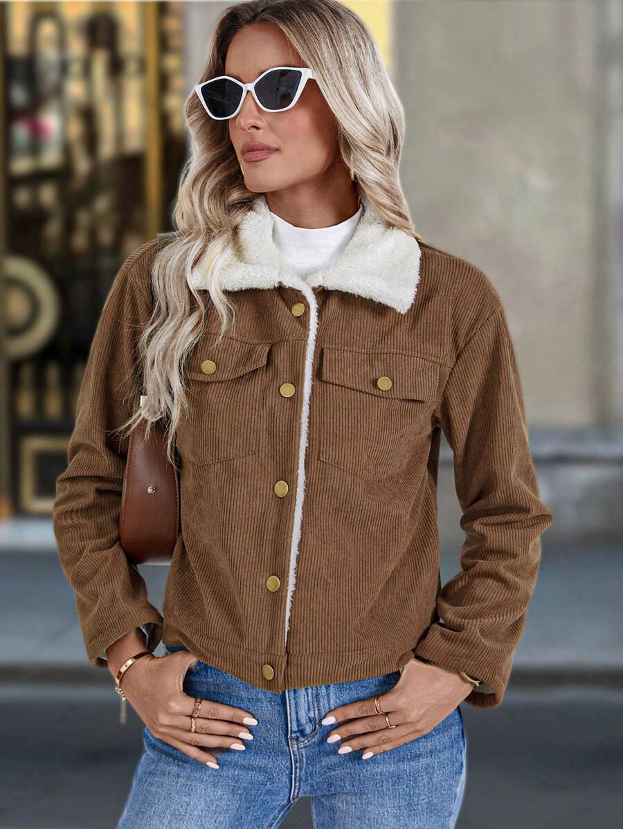 Louniche 1pc Solid Color Thermal Lined Front Zip Pocket Casual Long Sleeve Jacket Fall Winter Cloth For Women