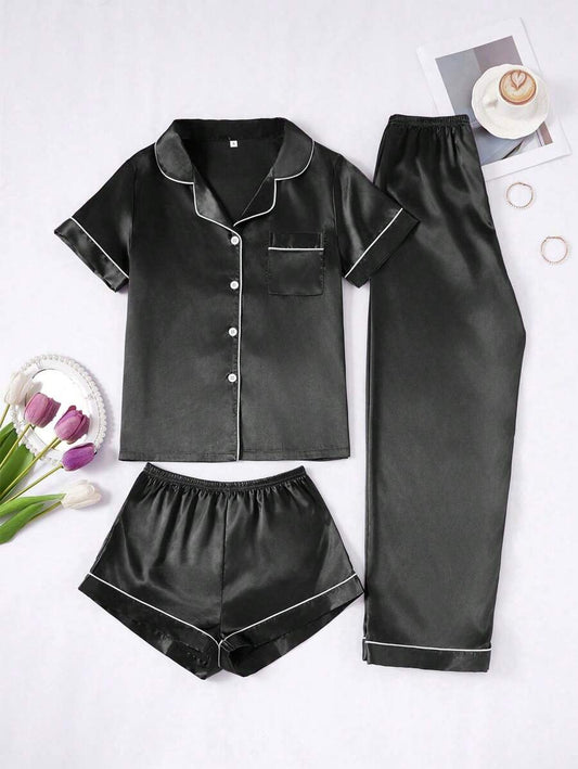 3 Pieces Women's Contrast Color Trim Solid Color Faux-Silk Pajama Set