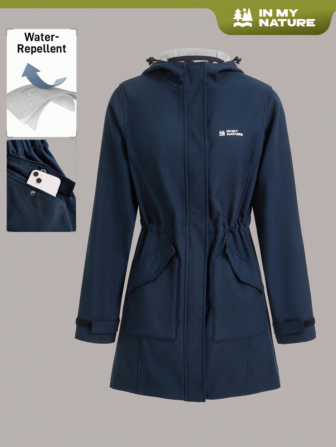 In My Nature Women's Outdoor Hooded Softshell Jacket With Adjustable Waist, Waterproof And Windproof For Camping, Hiking, Commuting