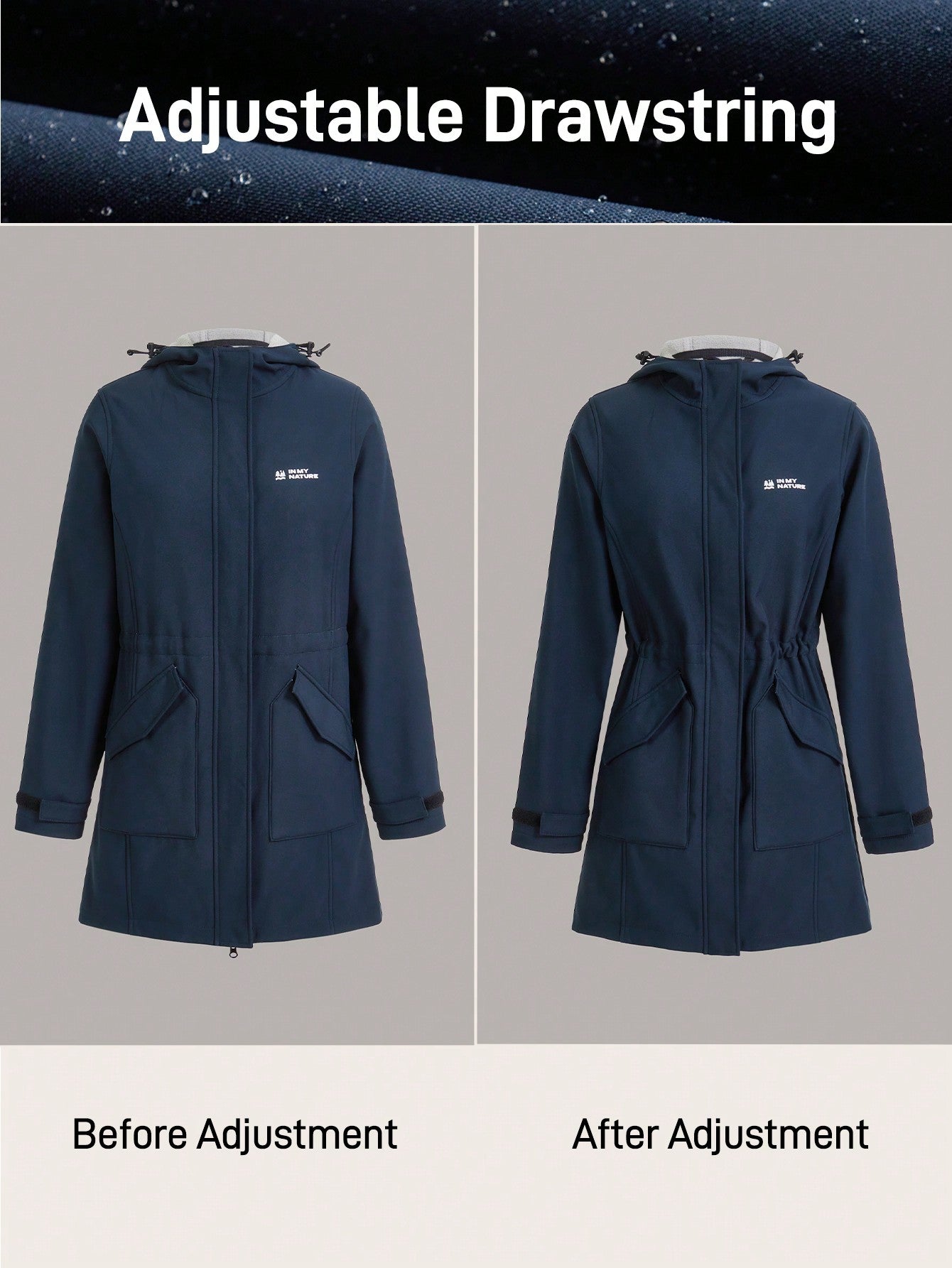 In My Nature Women's Outdoor Hooded Softshell Jacket With Adjustable Waist, Waterproof And Windproof For Camping, Hiking, Commuting