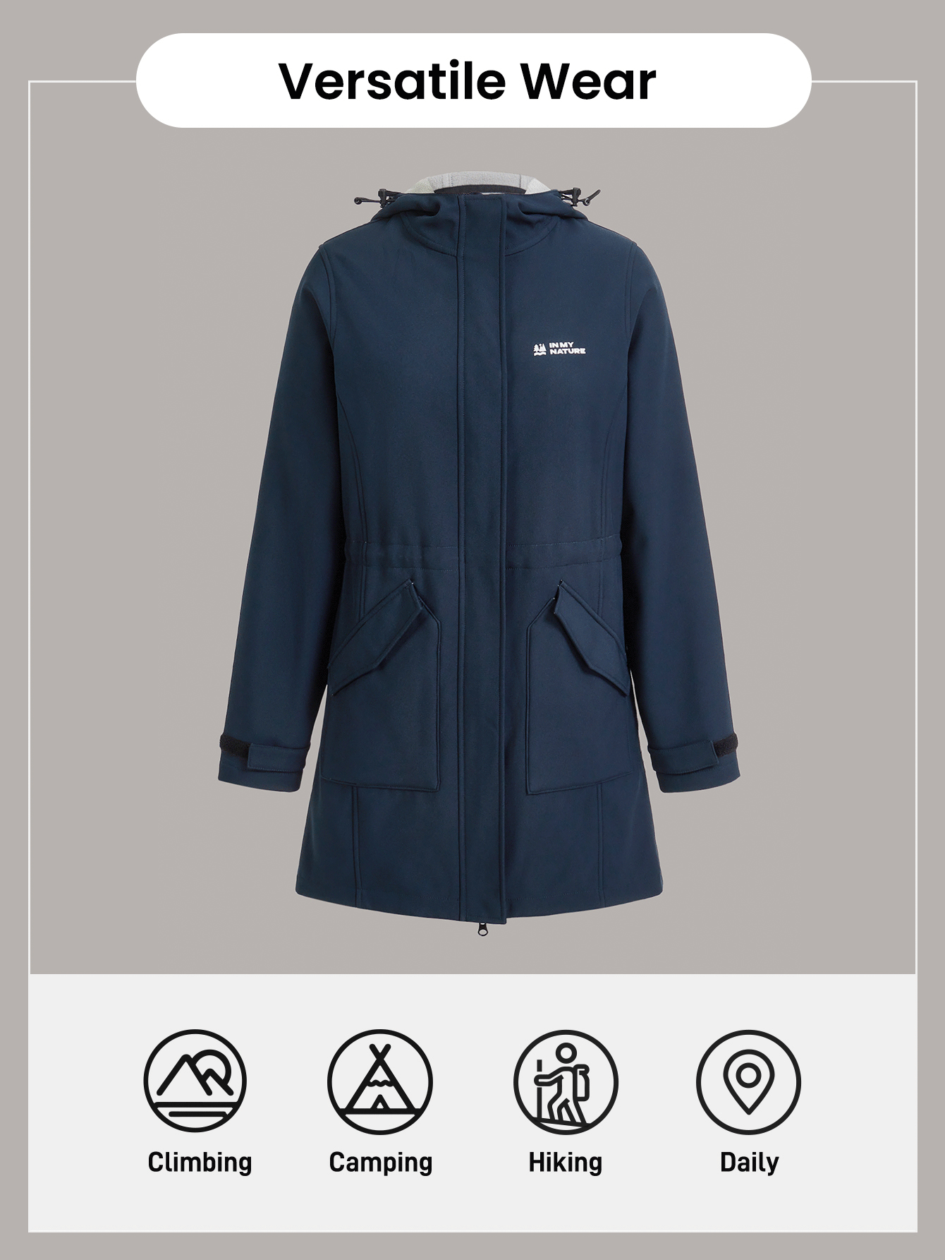 In My Nature Women's Outdoor Hooded Softshell Jacket With Adjustable Waist, Waterproof And Windproof For Camping, Hiking, Commuting