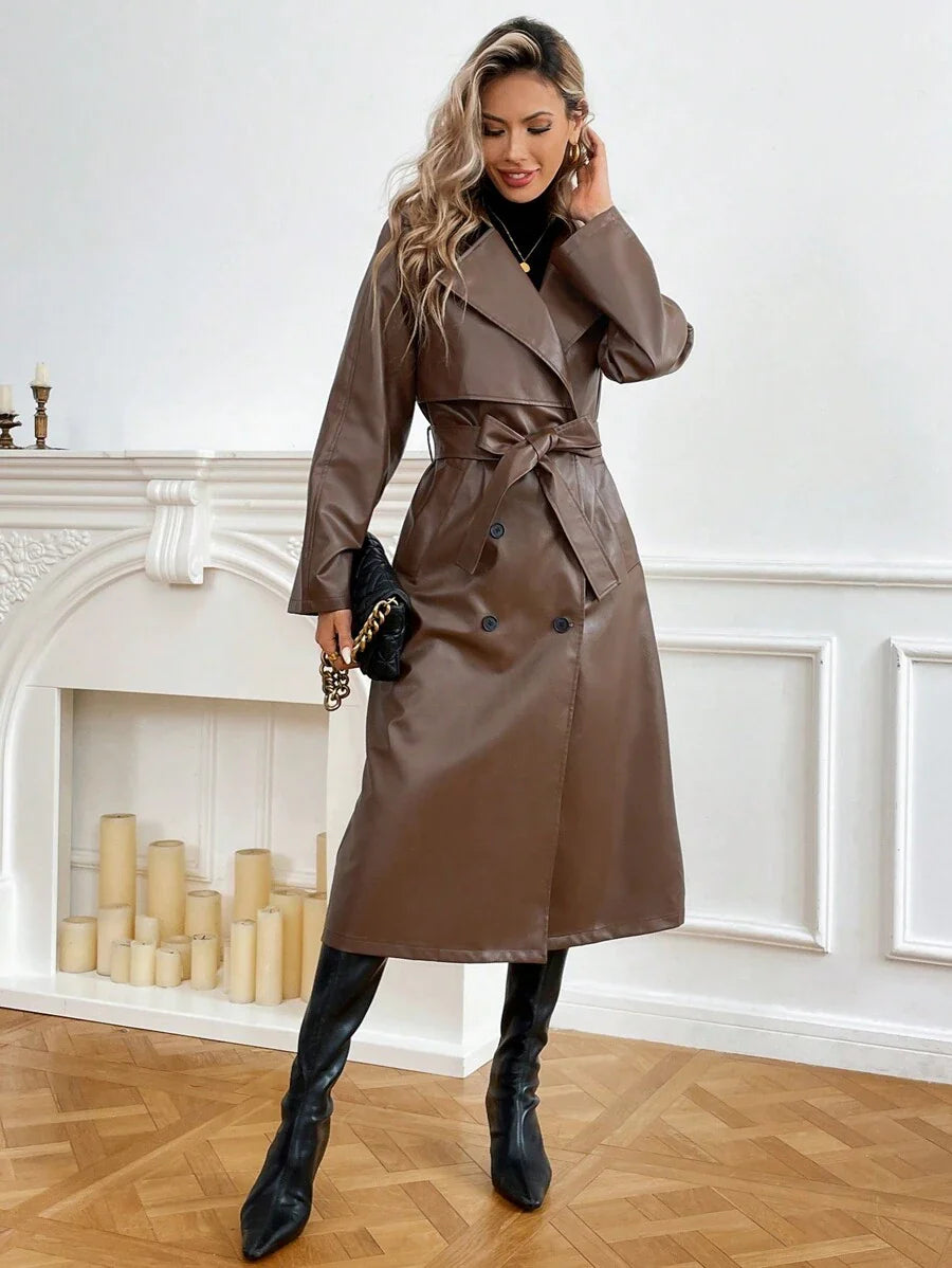 Firerie Women's Regular Fit Pu Leather Jacket With Contrast Lapel, Tie Belt And Waistband In Fall/Winter