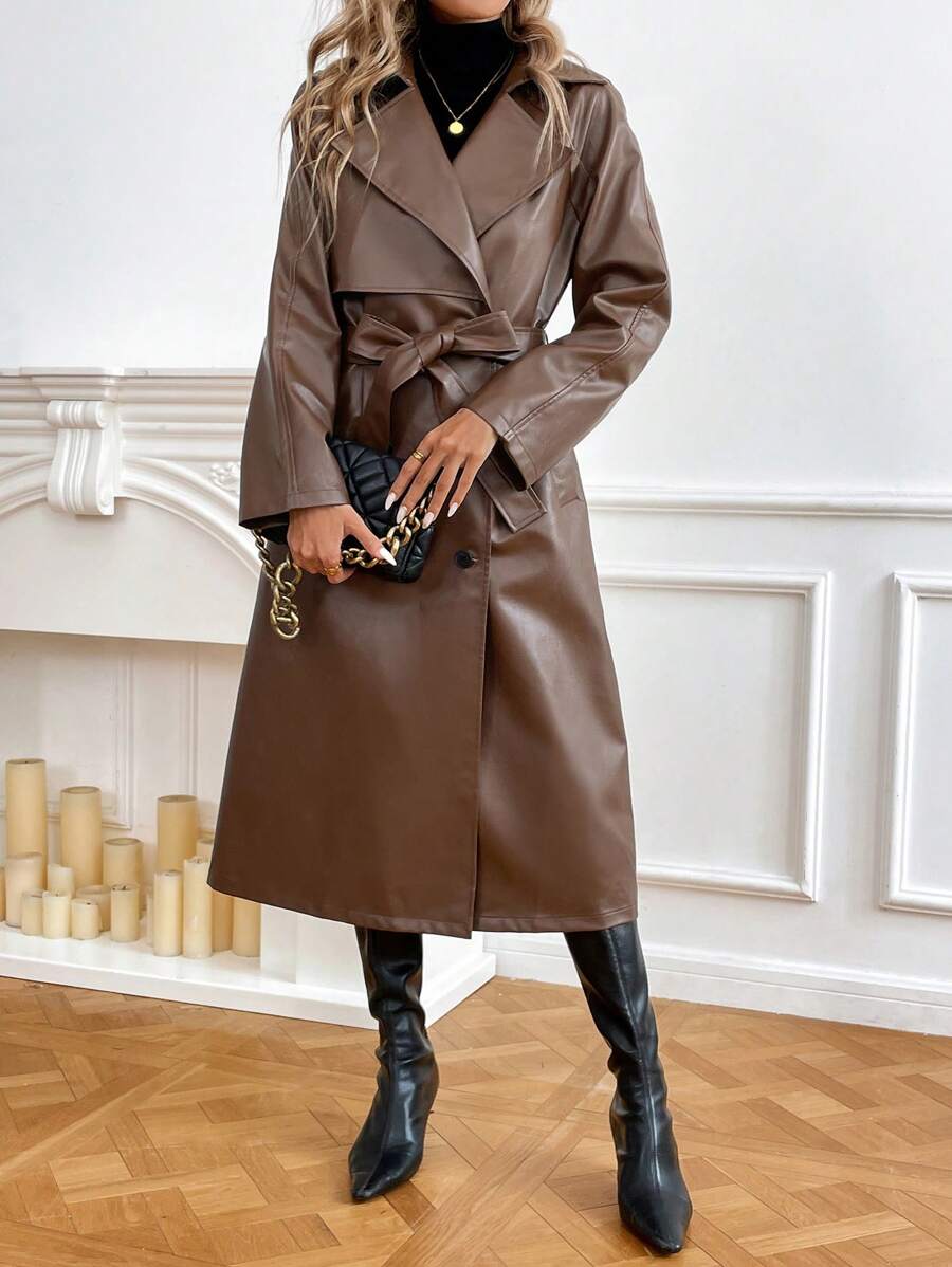 Firerie Women's Regular Fit Pu Leather Jacket With Contrast Lapel, Tie Belt And Waistband In Fall/Winter