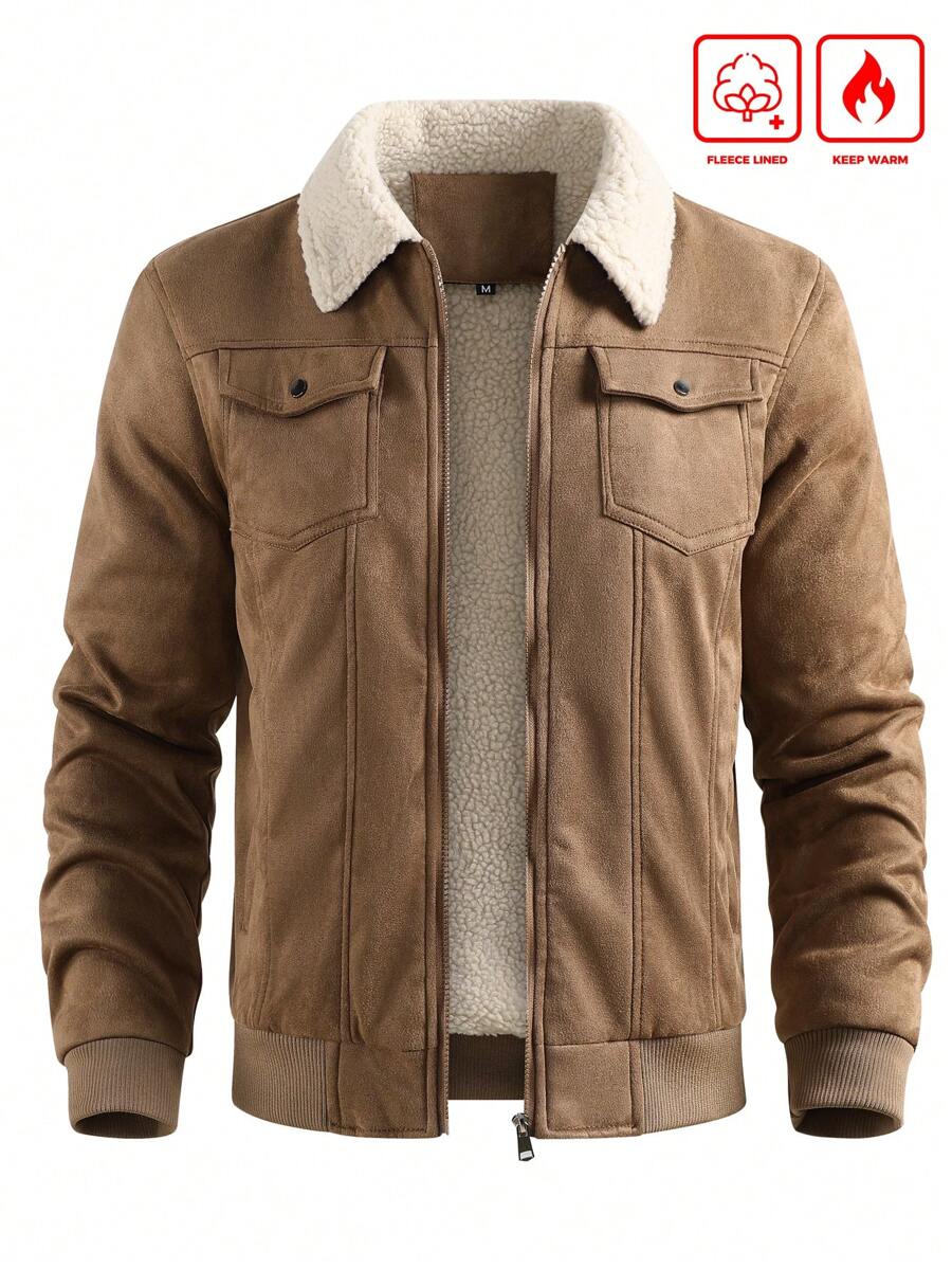 Manfinity Homme Men's Sherpa Fleece Jacket, Faux Suede Fur Collar, For Fall Winter