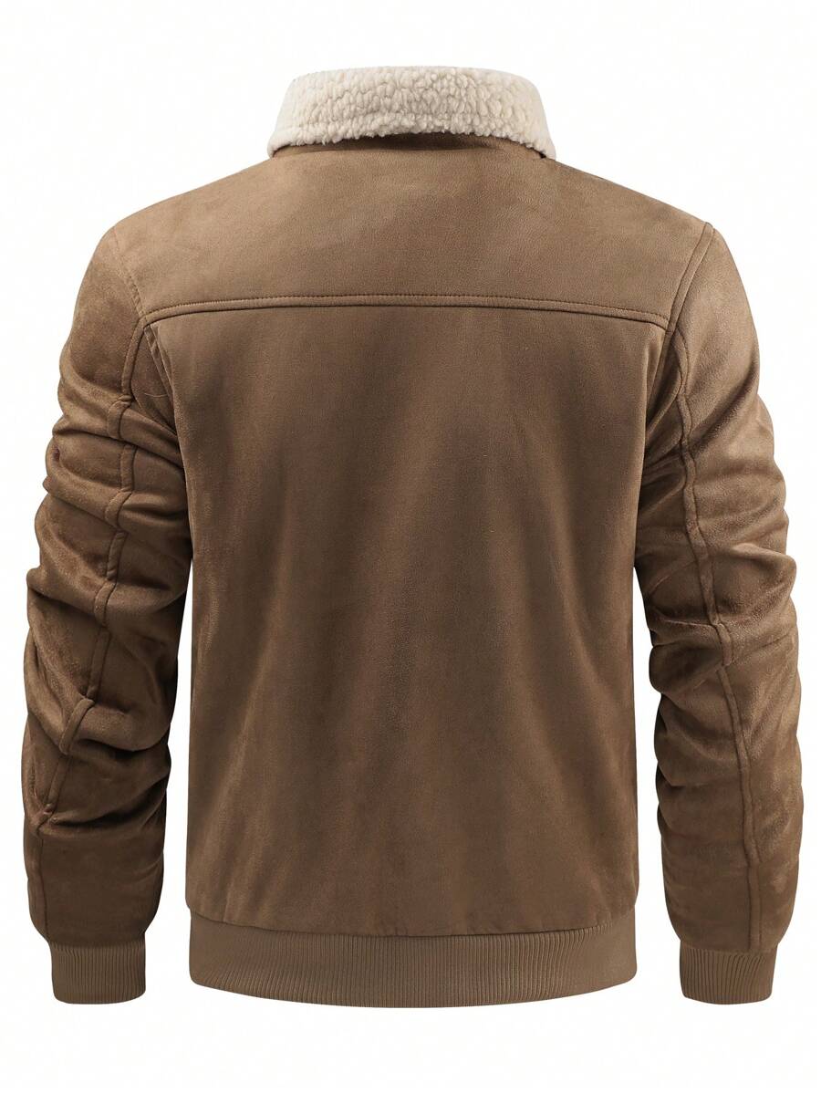 Manfinity Homme Men's Sherpa Fleece Jacket, Faux Suede Fur Collar, For Fall Winter
