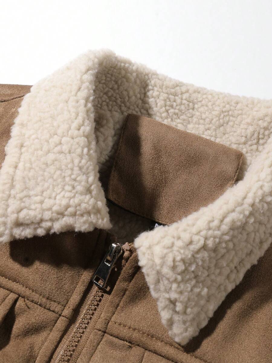 Manfinity Homme Men's Sherpa Fleece Jacket, Faux Suede Fur Collar, For Fall Winter