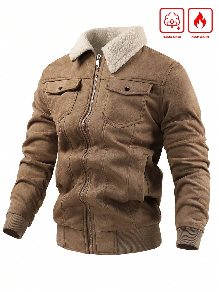 Manfinity Homme Men's Sherpa Fleece Jacket, Faux Suede Fur Collar, For Fall Winter