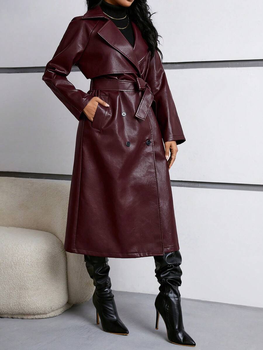 Firerie Women's Regular Fit Pu Leather Jacket With Contrast Lapel, Tie Belt And Waistband In Fall/Winter
