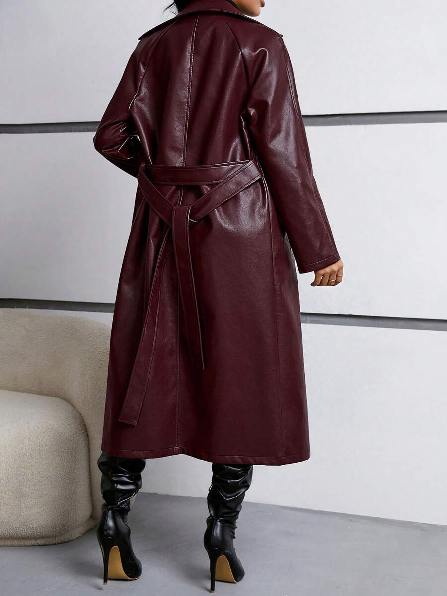 Firerie Women's Regular Fit Pu Leather Jacket With Contrast Lapel, Tie Belt And Waistband In Fall/Winter