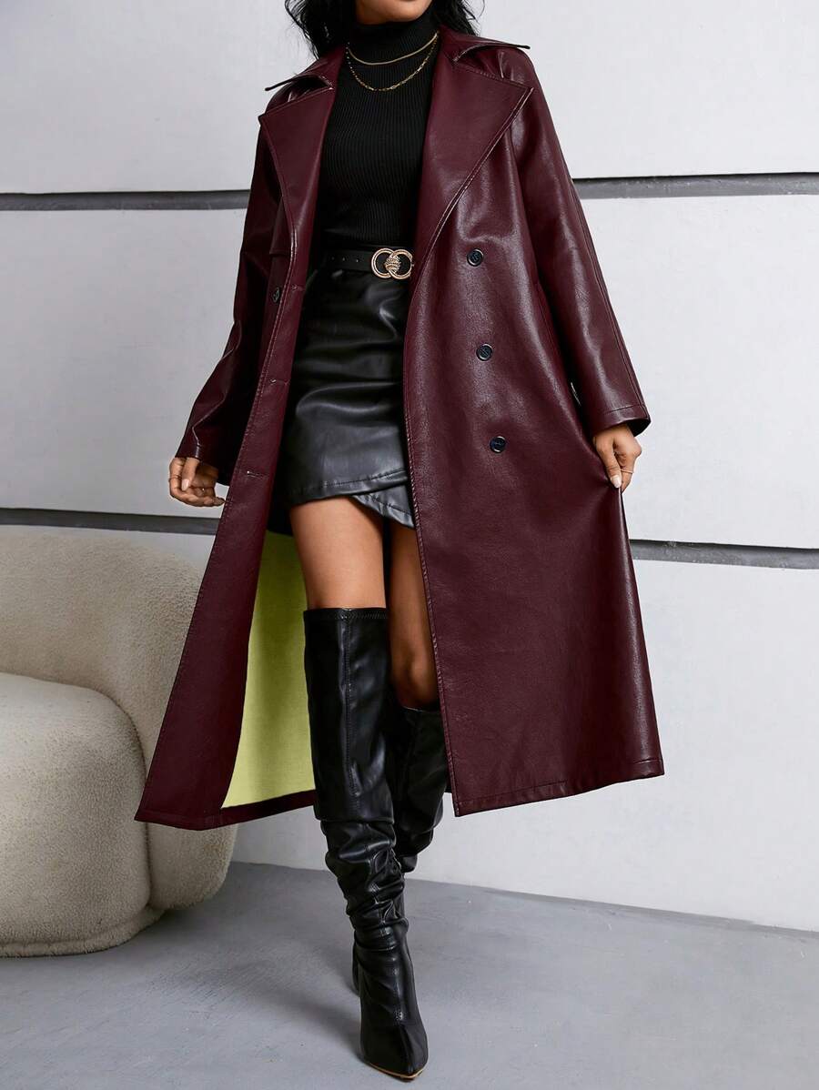 Firerie Women's Regular Fit Pu Leather Jacket With Contrast Lapel, Tie Belt And Waistband In Fall/Winter