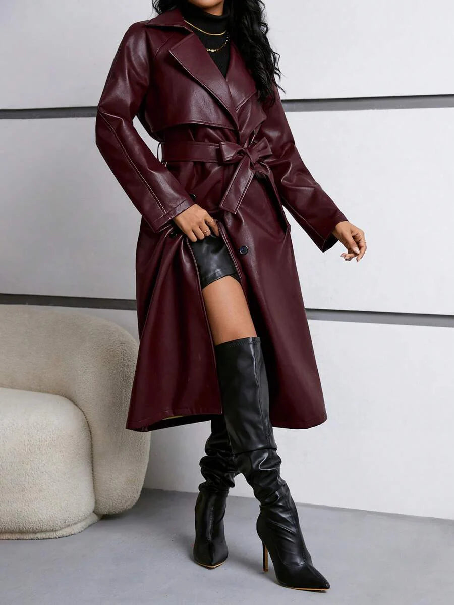 Firerie Women's Regular Fit Pu Leather Jacket With Contrast Lapel, Tie Belt And Waistband In Fall/Winter
