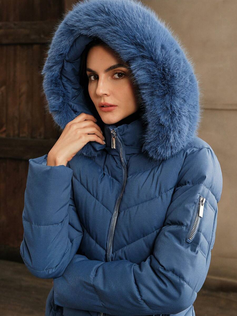 Anewsta Women's Solid Color Long Sleeve Zipper Collar Patchwork Fuzzy Hooded Padded Coat, Winter