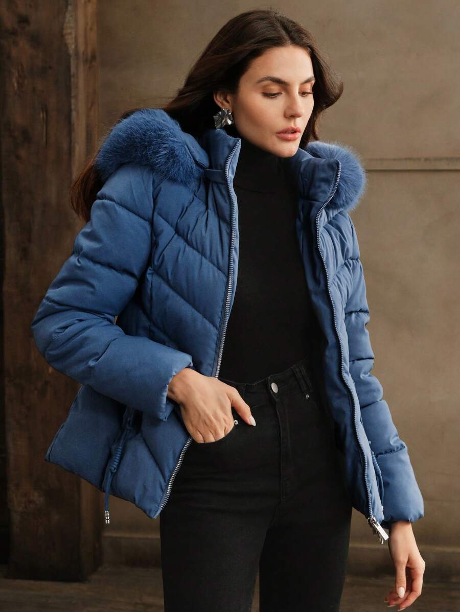 Anewsta Women's Solid Color Long Sleeve Zipper Collar Patchwork Fuzzy Hooded Padded Coat, Winter