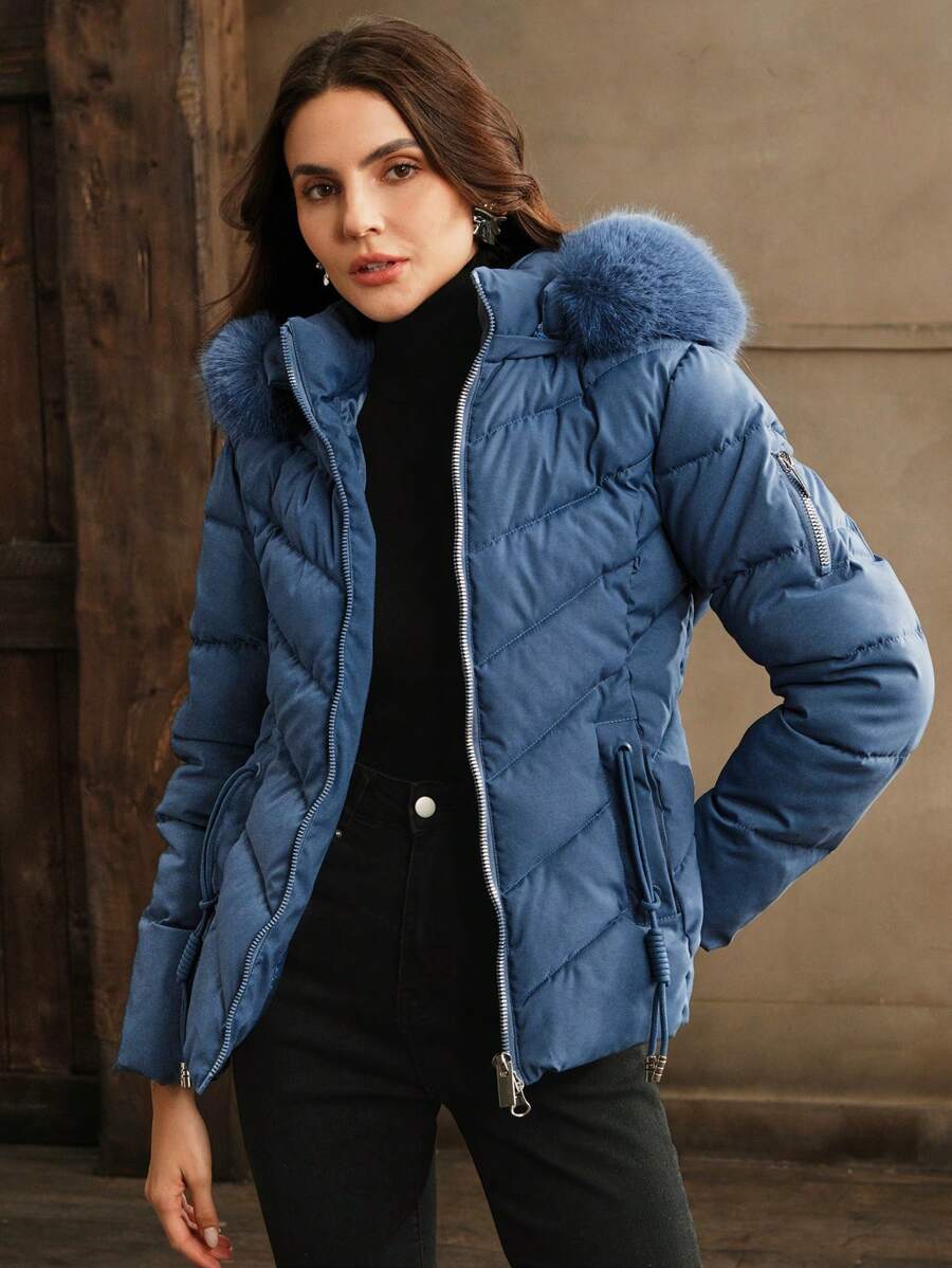 Anewsta Women's Solid Color Long Sleeve Zipper Collar Patchwork Fuzzy Hooded Padded Coat, Winter