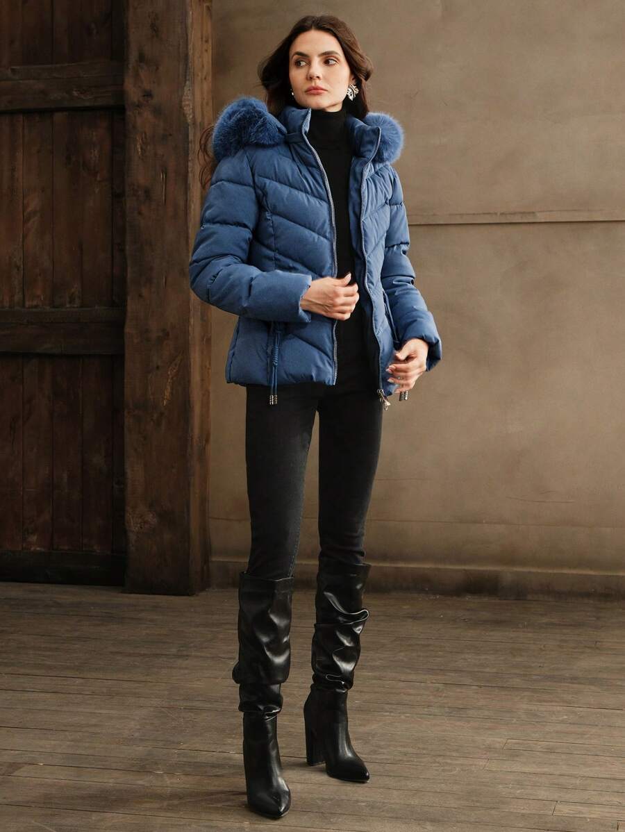 Anewsta Women's Solid Color Long Sleeve Zipper Collar Patchwork Fuzzy Hooded Padded Coat, Winter