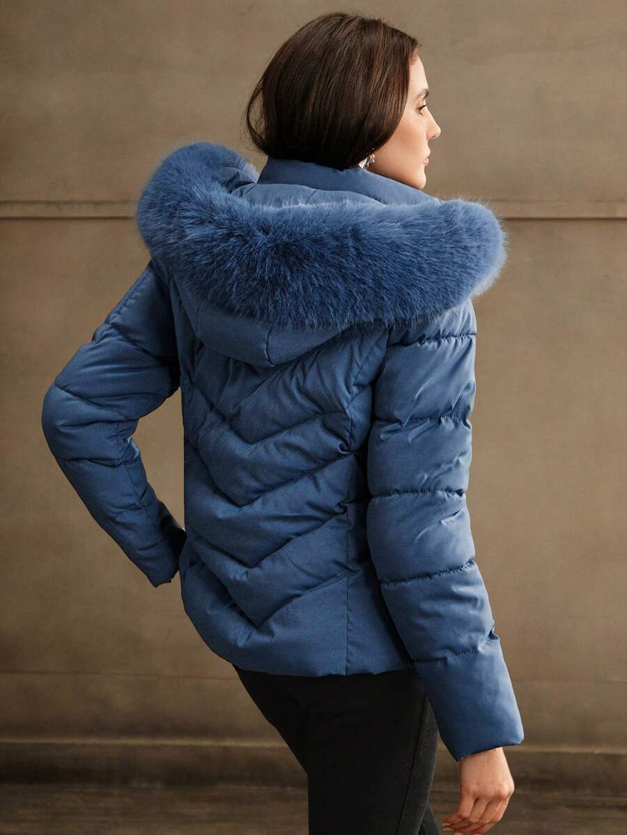 Anewsta Women's Solid Color Long Sleeve Zipper Collar Patchwork Fuzzy Hooded Padded Coat, Winter