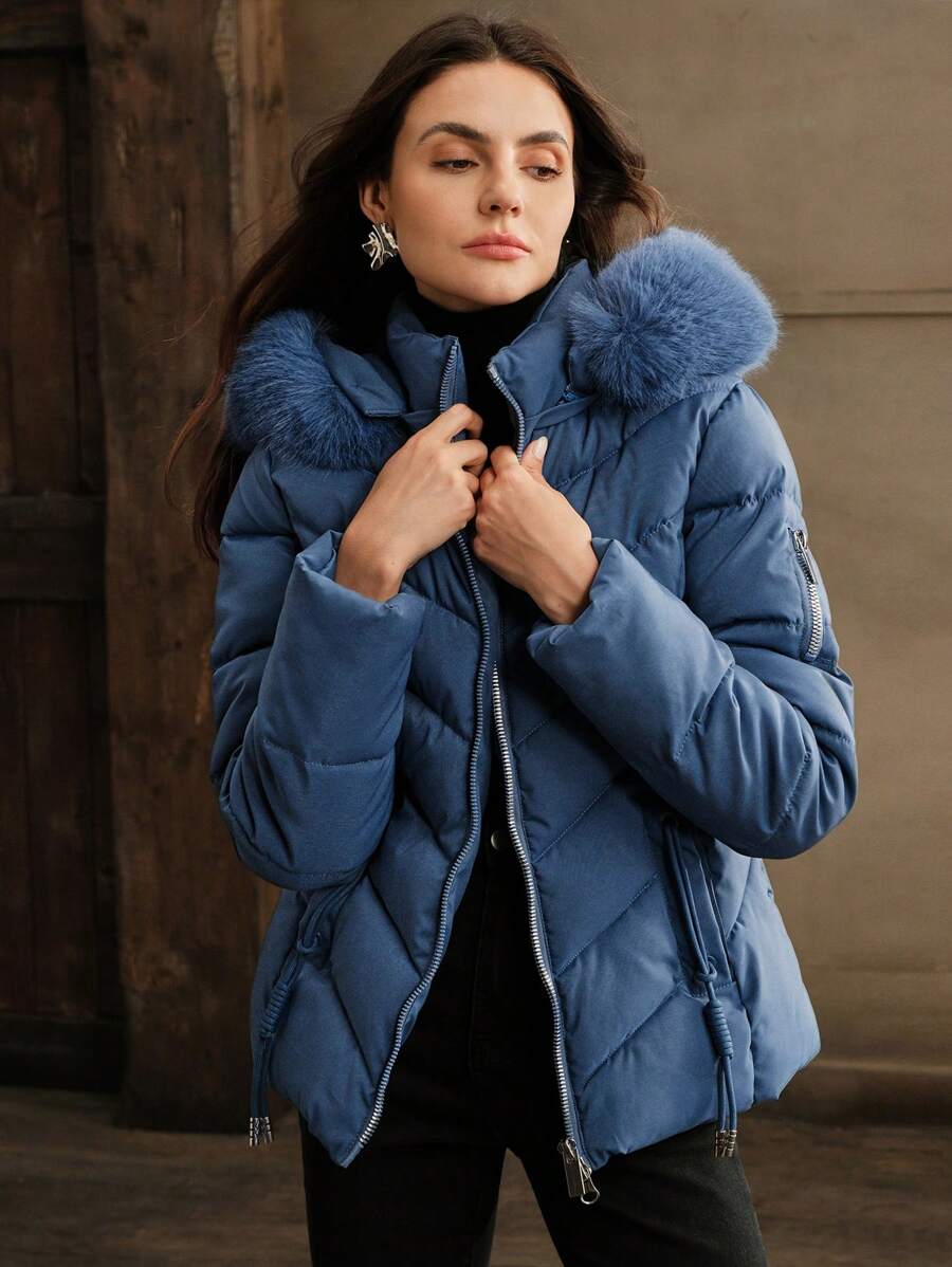 Anewsta Women's Solid Color Long Sleeve Zipper Collar Patchwork Fuzzy Hooded Padded Coat, Winter