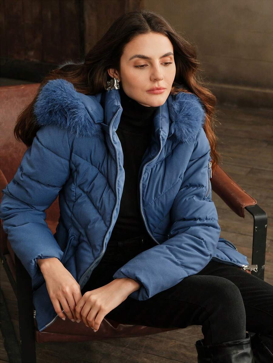 Anewsta Women's Solid Color Long Sleeve Zipper Collar Patchwork Fuzzy Hooded Padded Coat, Winter