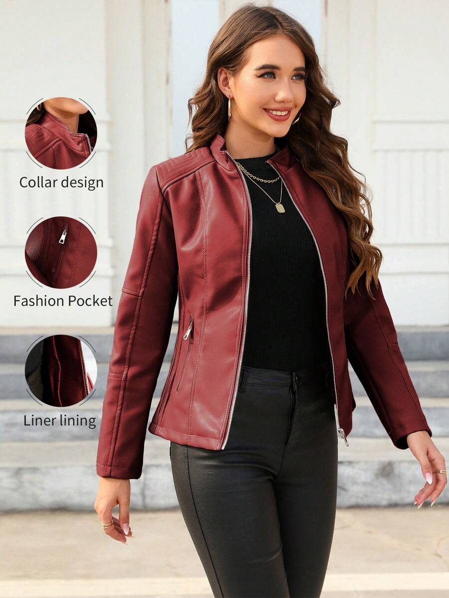 Giolshon Women's Fall/Winter Faux Leather Biker Jacket - Asymmetric Zip, Stand Collar For Edgy Commuting