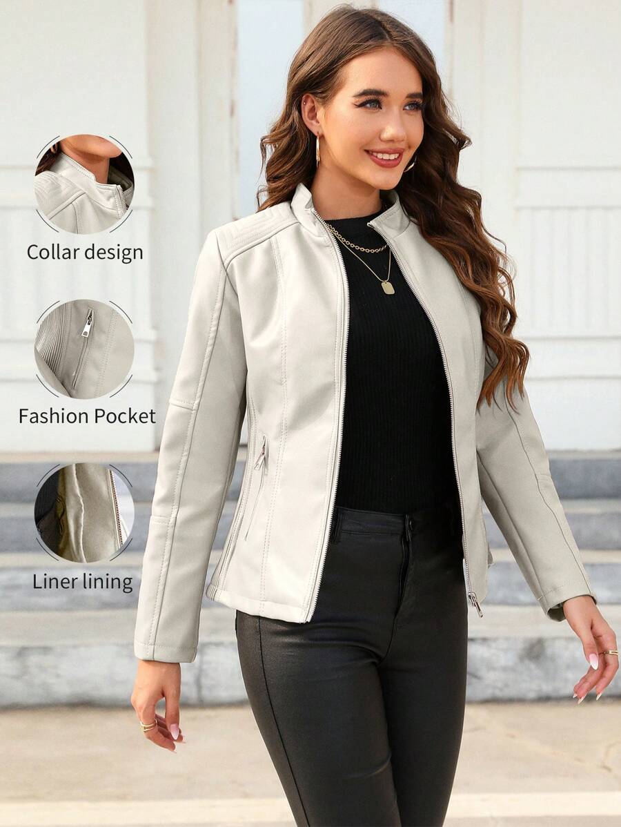 Giolshon Women's Fall/Winter Faux Leather Biker Jacket - Asymmetric Zip, Stand Collar For Edgy Commuting
