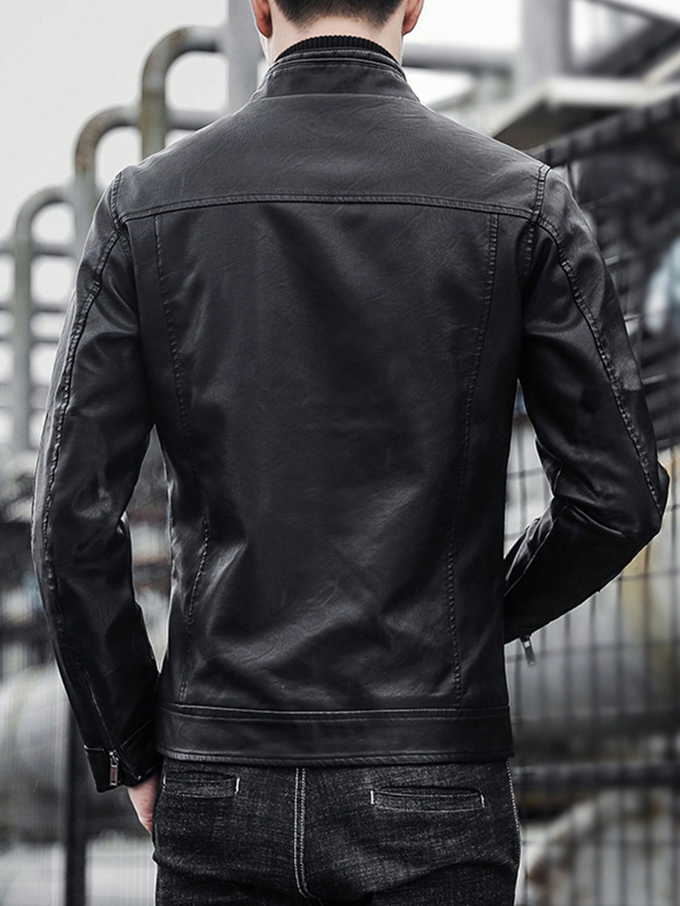 1pc Men's Leather Motorcycle Jacket, Suitable For Outdoor Spring And Autumn