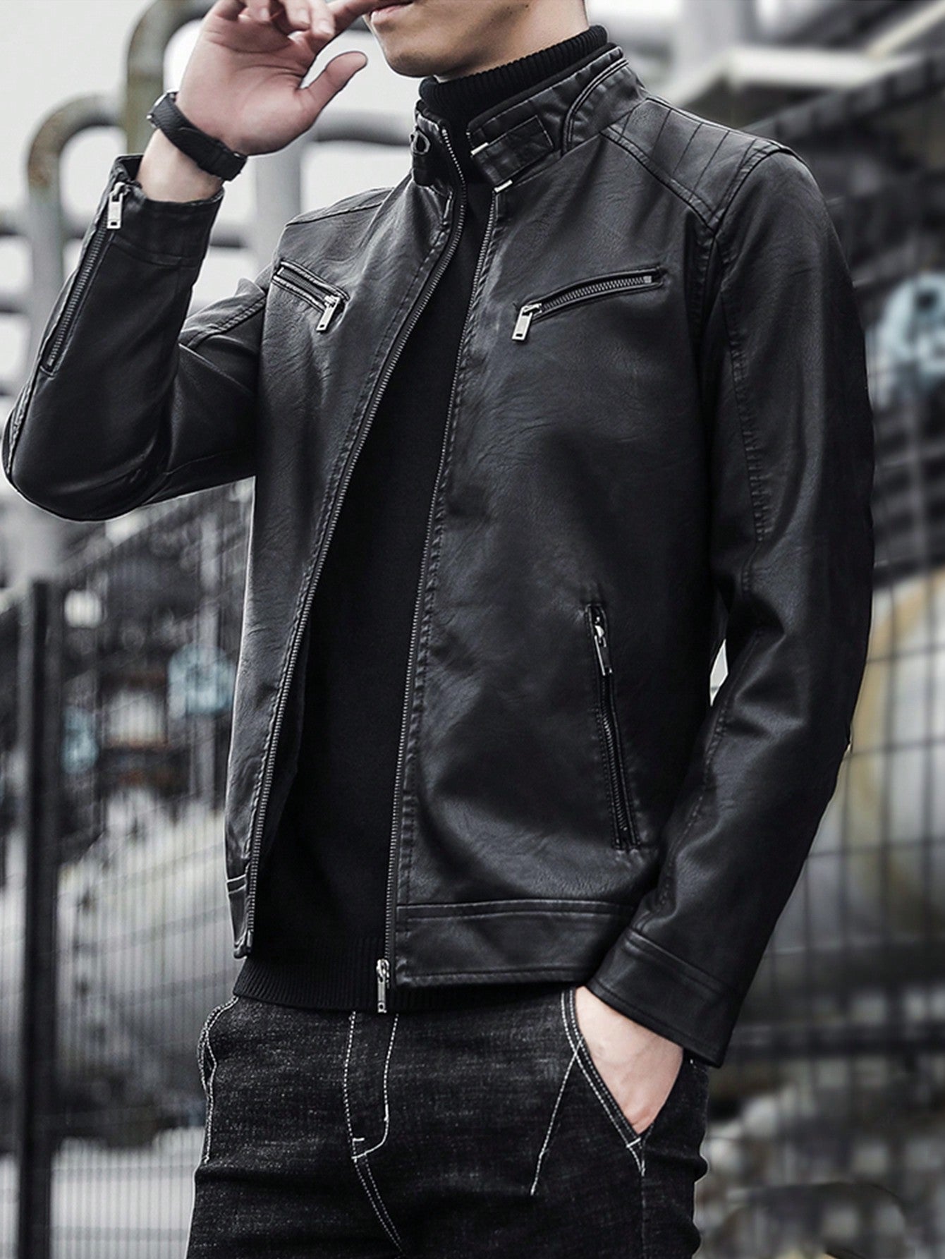 1pc Men's Leather Motorcycle Jacket, Suitable For Outdoor Spring And Autumn