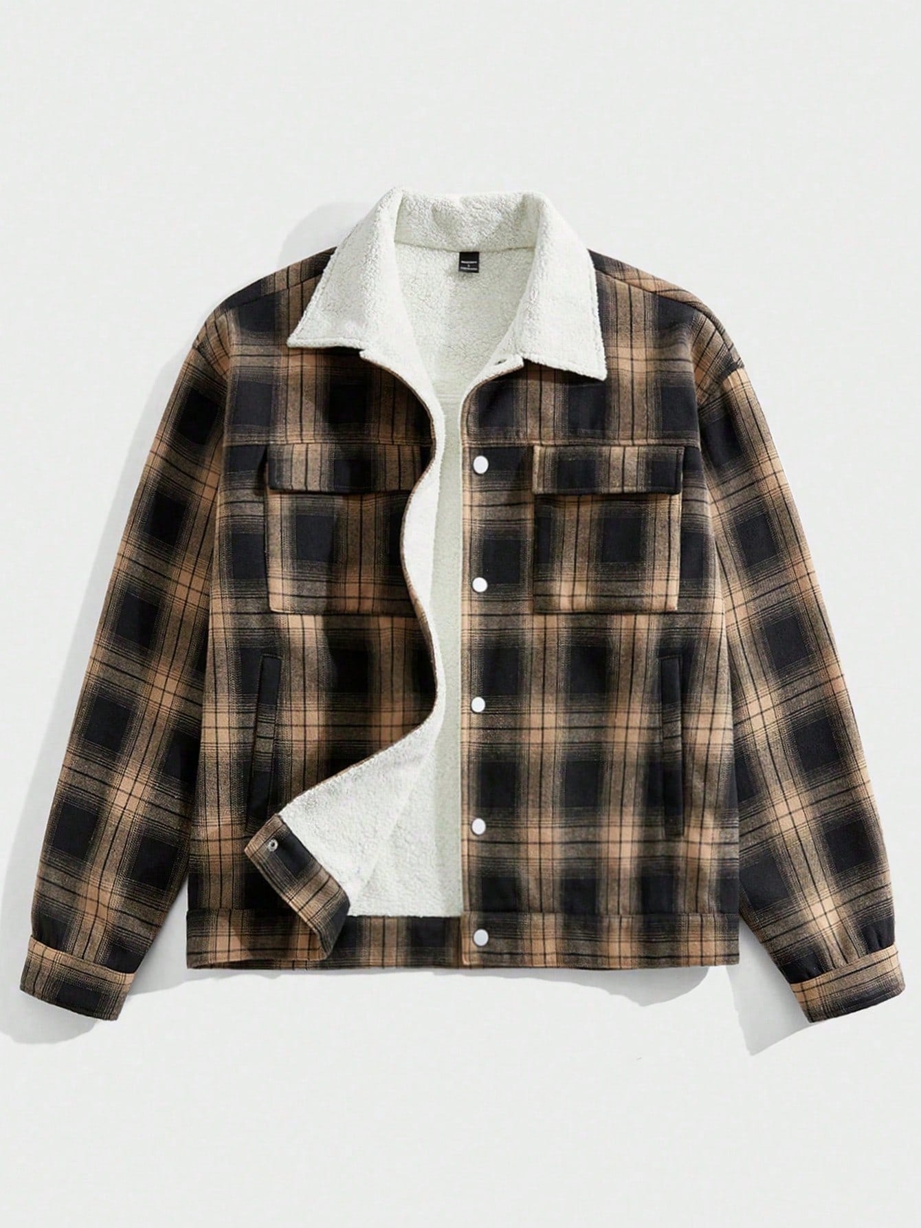 Manfinity VCAY Men's Plaid Print Pocket Front Button Loose Long Sleeve Jacket, For Fall Winter