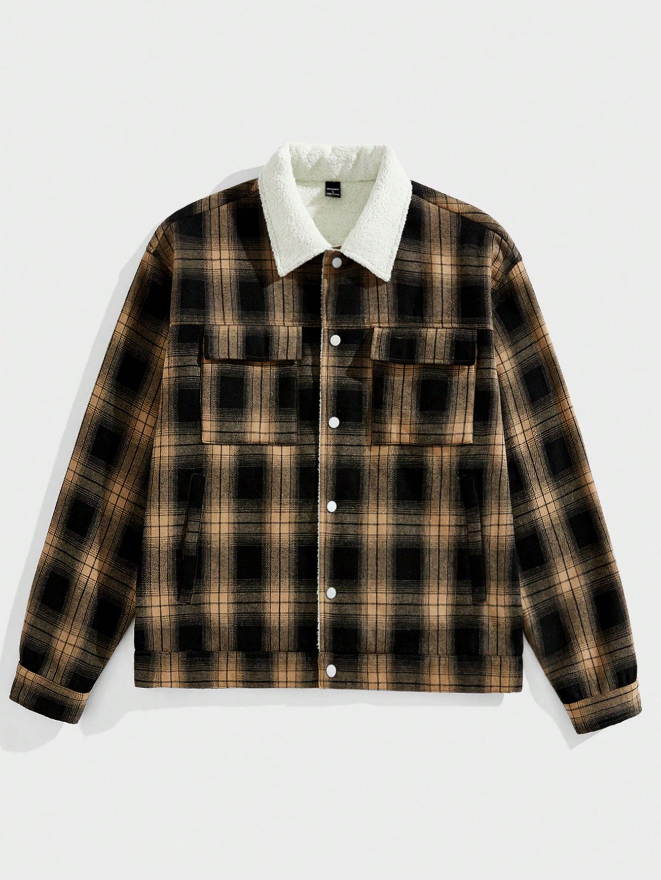 Manfinity VCAY Men's Plaid Print Pocket Front Button Loose Long Sleeve Jacket, For Fall Winter