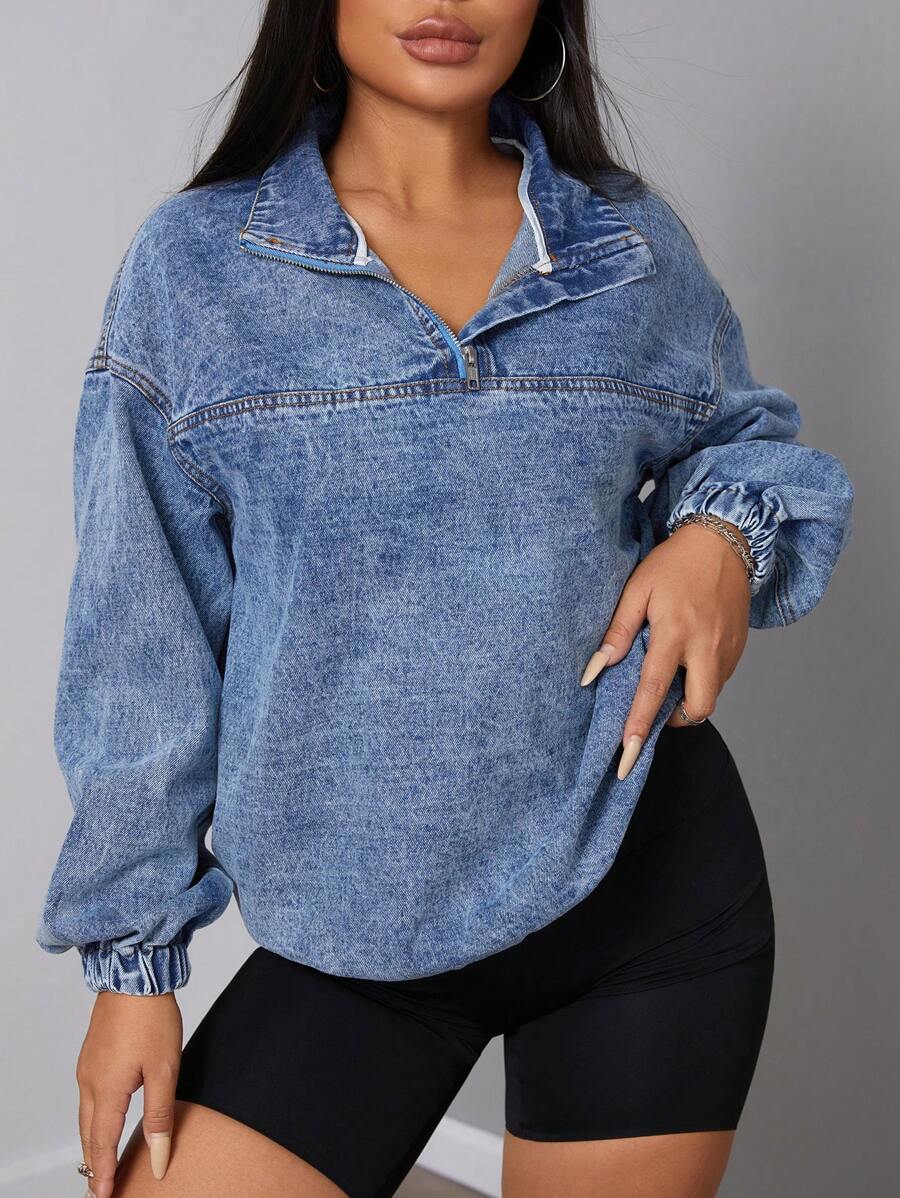 SHEIN SXY Women's Loose Casual Denim Jacket With Dropped Shoulders And Half Zipper, Spring And Autumn