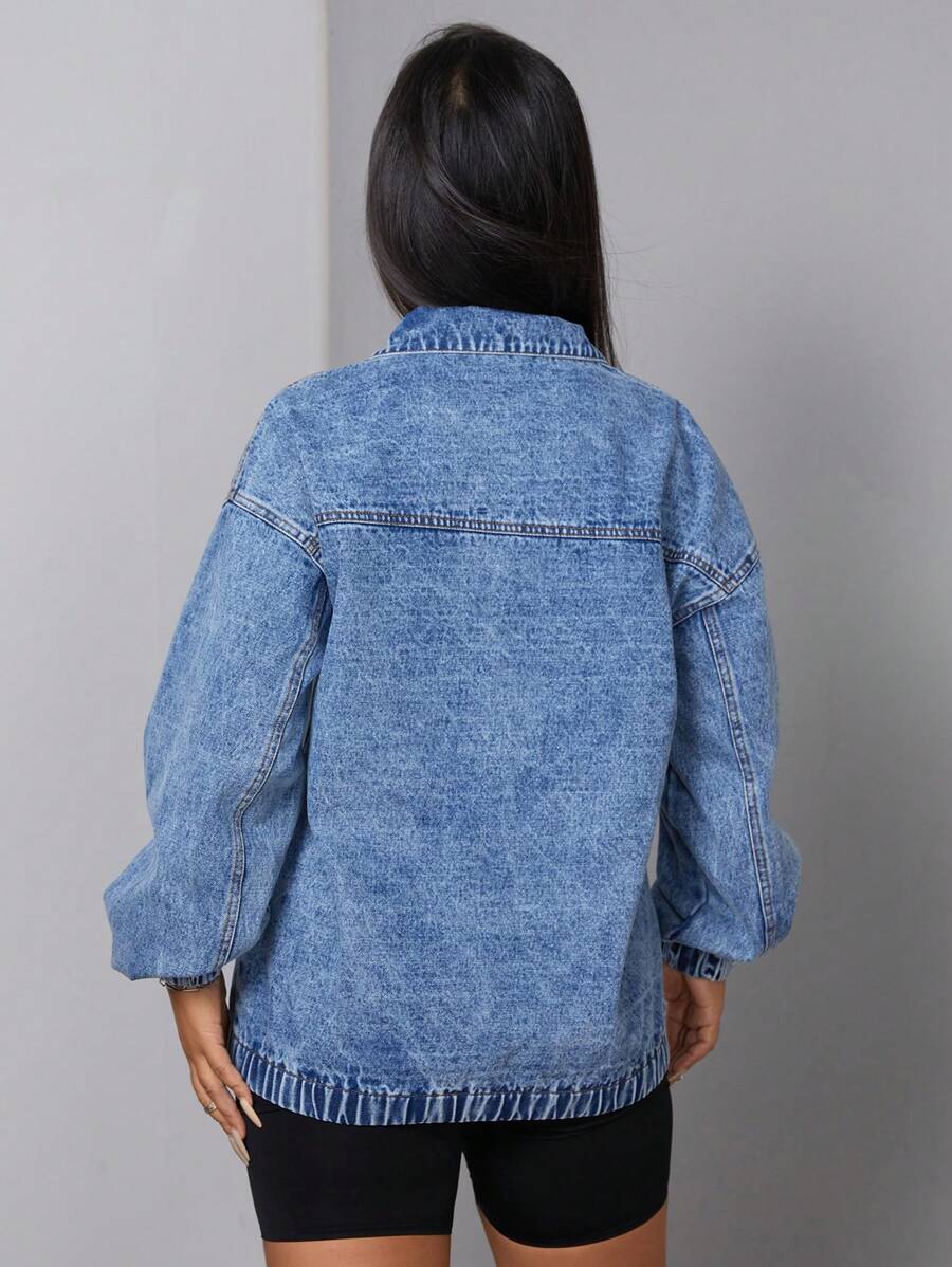 SHEIN SXY Women's Loose Casual Denim Jacket With Dropped Shoulders And Half Zipper, Spring And Autumn