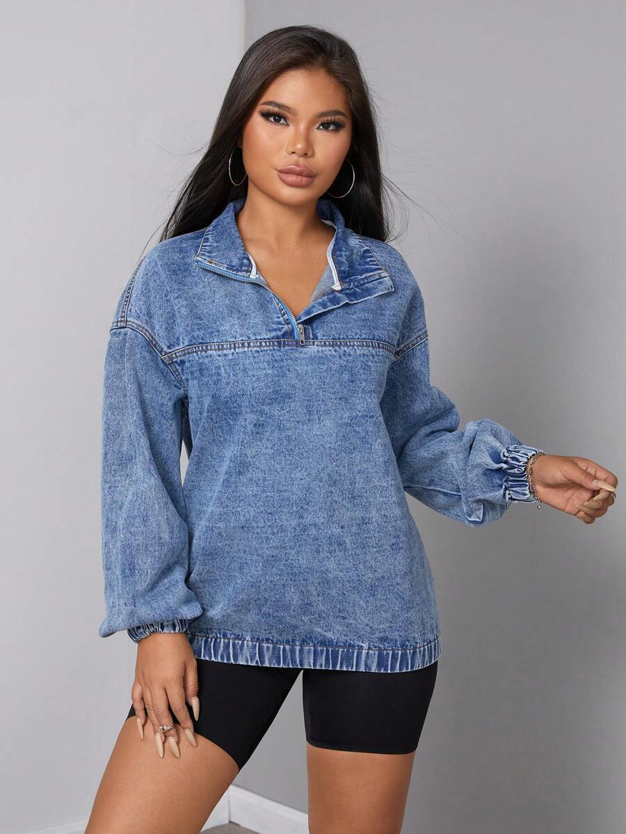SHEIN SXY Women's Loose Casual Denim Jacket With Dropped Shoulders And Half Zipper, Spring And Autumn
