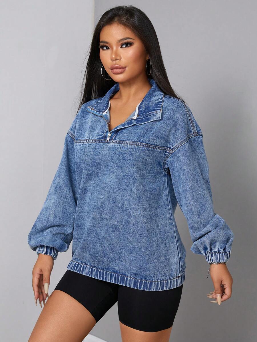 SHEIN SXY Women's Loose Casual Denim Jacket With Dropped Shoulders And Half Zipper, Spring And Autumn
