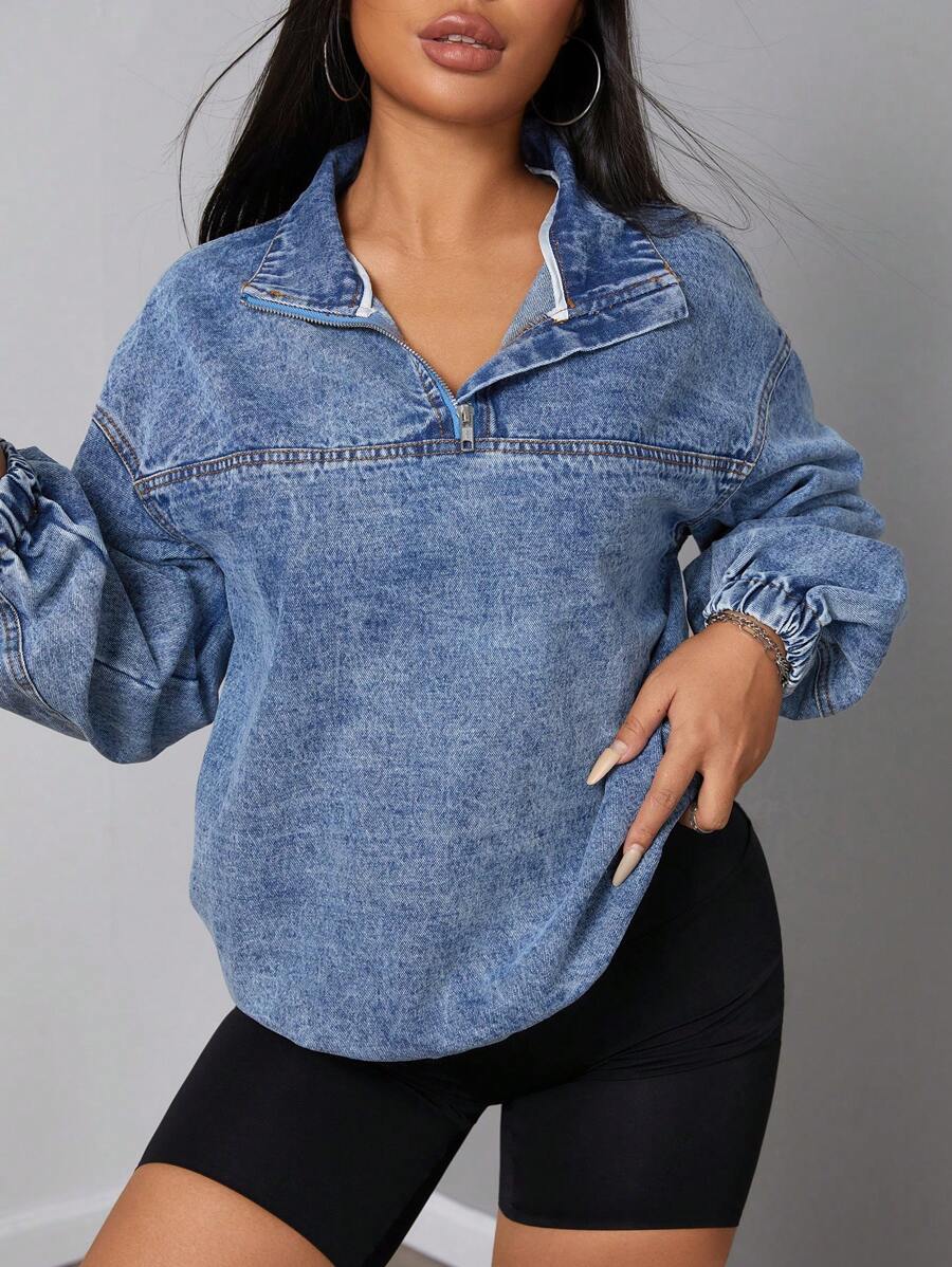 SHEIN SXY Women's Loose Casual Denim Jacket With Dropped Shoulders And Half Zipper, Spring And Autumn