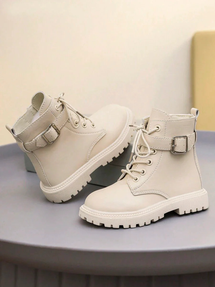 1 Pair Black Leather Toddler Kids Boots, Front Lace-Up, Side Zipper, Metal Buckle, Round Toe, Soft Flat Anti-Skid Comfortable Cute Mid-Calf Boots, Suitable For 3-12 Years Old Boys And Girls, Autumn/Winter New