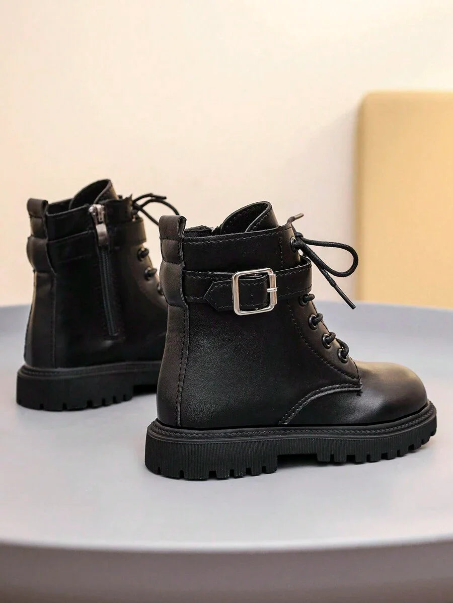 1 Pair Black Leather Toddler Kids Boots, Front Lace-Up, Side Zipper, Metal Buckle, Round Toe, Soft Flat Anti-Skid Comfortable Cute Mid-Calf Boots, Suitable For 3-12 Years Old Boys And Girls, Autumn/Winter New