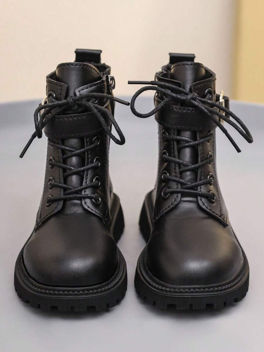 1 Pair Black Leather Toddler Kids Boots, Front Lace-Up, Side Zipper, Metal Buckle, Round Toe, Soft Flat Anti-Skid Comfortable Cute Mid-Calf Boots, Suitable For 3-12 Years Old Boys And Girls, Autumn/Winter New