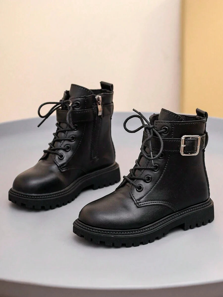 1 Pair Black Leather Toddler Kids Boots, Front Lace-Up, Side Zipper, Metal Buckle, Round Toe, Soft Flat Anti-Skid Comfortable Cute Mid-Calf Boots, Suitable For 3-12 Years Old Boys And Girls, Autumn/Winter New