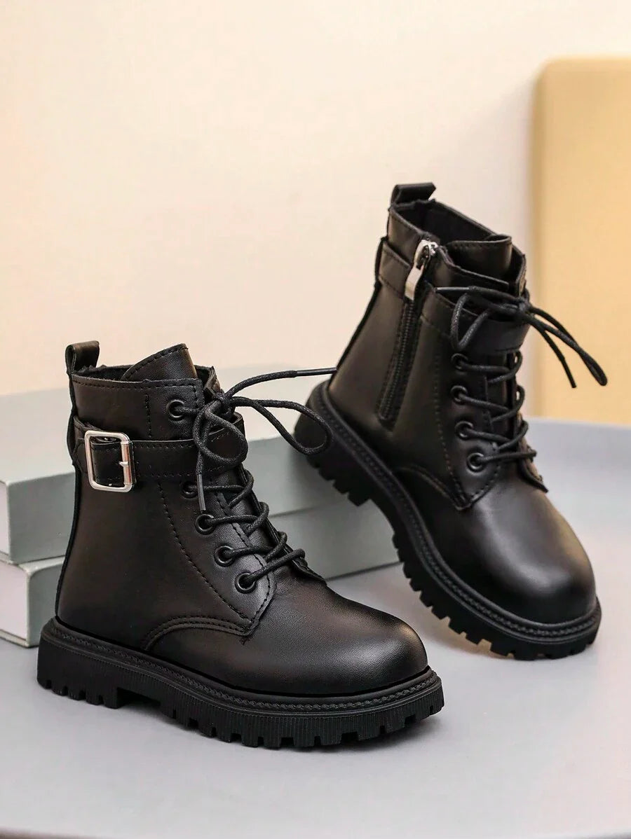 1 Pair Black Leather Toddler Kids Boots, Front Lace-Up, Side Zipper, Metal Buckle, Round Toe, Soft Flat Anti-Skid Comfortable Cute Mid-Calf Boots, Suitable For 3-12 Years Old Boys And Girls, Autumn/Winter New