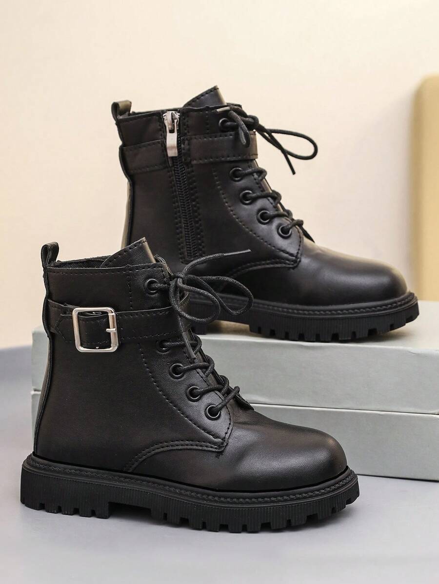 1 Pair Black Leather Toddler Kids Boots, Front Lace-Up, Side Zipper, Metal Buckle, Round Toe, Soft Flat Anti-Skid Comfortable Cute Mid-Calf Boots, Suitable For 3-12 Years Old Boys And Girls, Autumn/Winter New