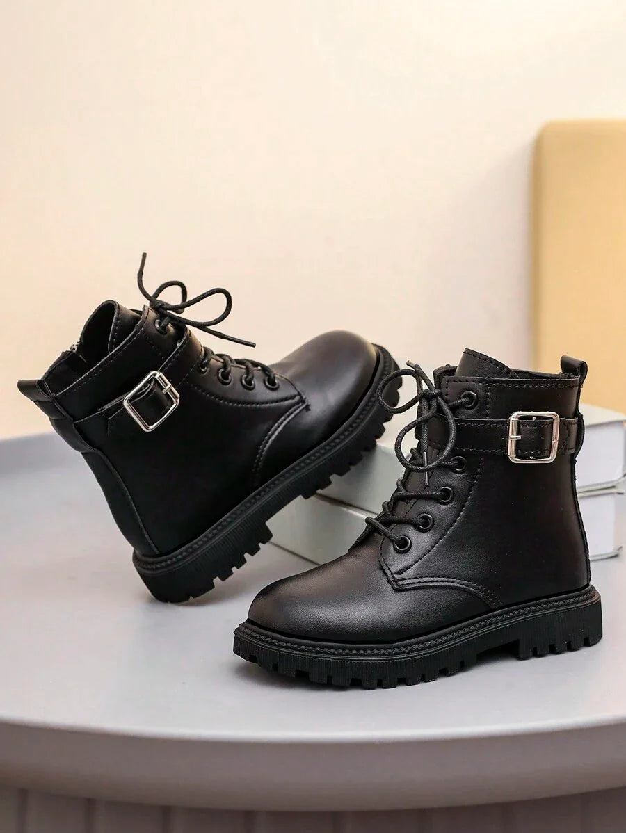 1 Pair Black Leather Toddler Kids Boots, Front Lace-Up, Side Zipper, Metal Buckle, Round Toe, Soft Flat Anti-Skid Comfortable Cute Mid-Calf Boots, Suitable For 3-12 Years Old Boys And Girls, Autumn/Winter New