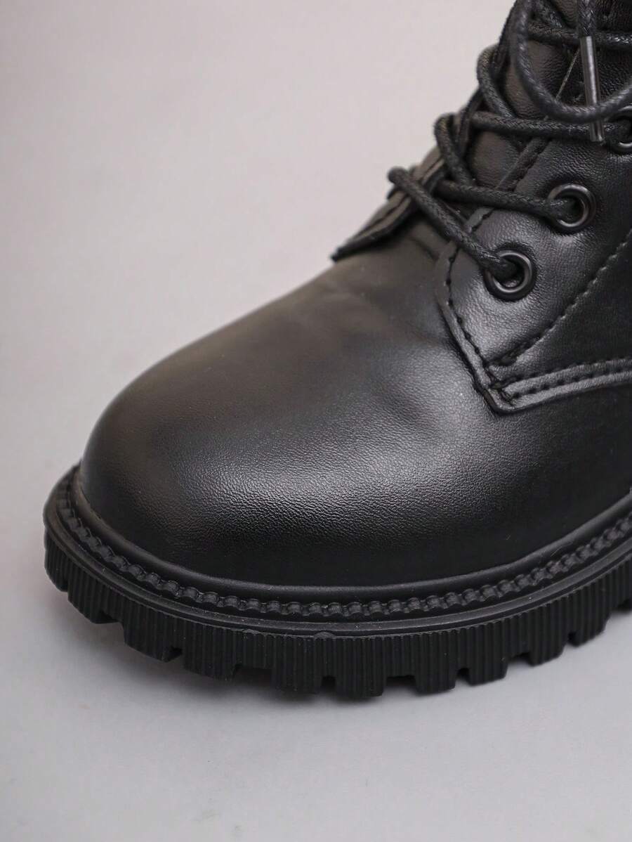 1 Pair Black Leather Toddler Kids Boots, Front Lace-Up, Side Zipper, Metal Buckle, Round Toe, Soft Flat Anti-Skid Comfortable Cute Mid-Calf Boots, Suitable For 3-12 Years Old Boys And Girls, Autumn/Winter New