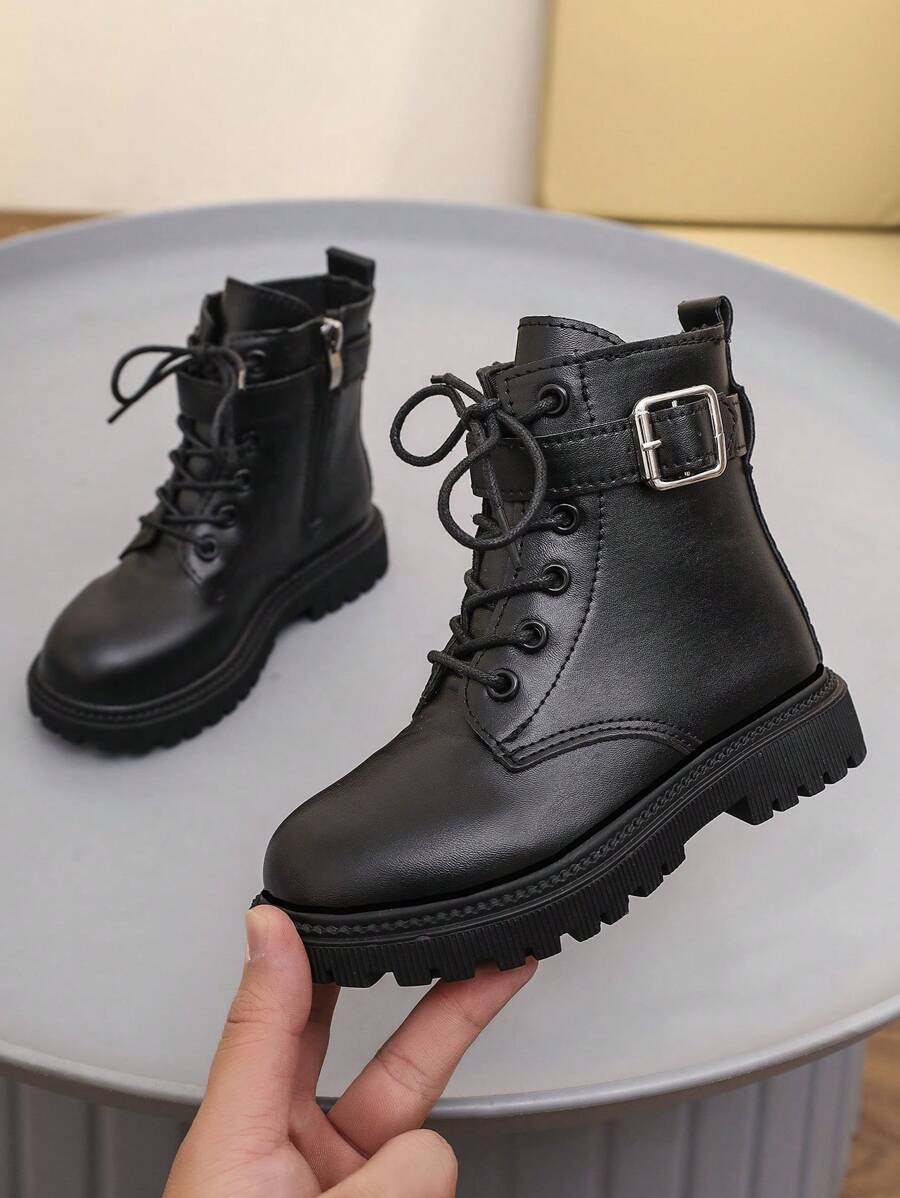1 Pair Black Leather Toddler Kids Boots, Front Lace-Up, Side Zipper, Metal Buckle, Round Toe, Soft Flat Anti-Skid Comfortable Cute Mid-Calf Boots, Suitable For 3-12 Years Old Boys And Girls, Autumn/Winter New