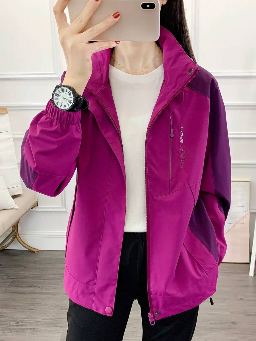 1pc Women Contrast Color Patchwork Windbreaker Jacket, Lightweight Outdoor Sports Running Hiking Coat, Spring/Autumn
