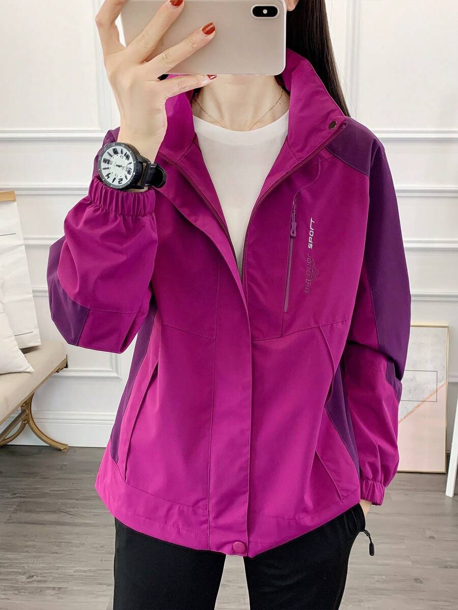 1pc Women Contrast Color Patchwork Windbreaker Jacket, Lightweight Outdoor Sports Running Hiking Coat, Spring/Autumn