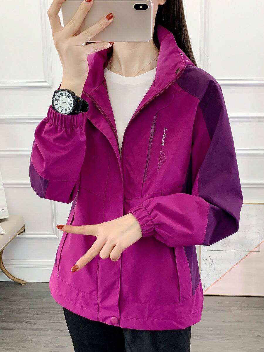 1pc Women Contrast Color Patchwork Windbreaker Jacket, Lightweight Outdoor Sports Running Hiking Coat, Spring/Autumn