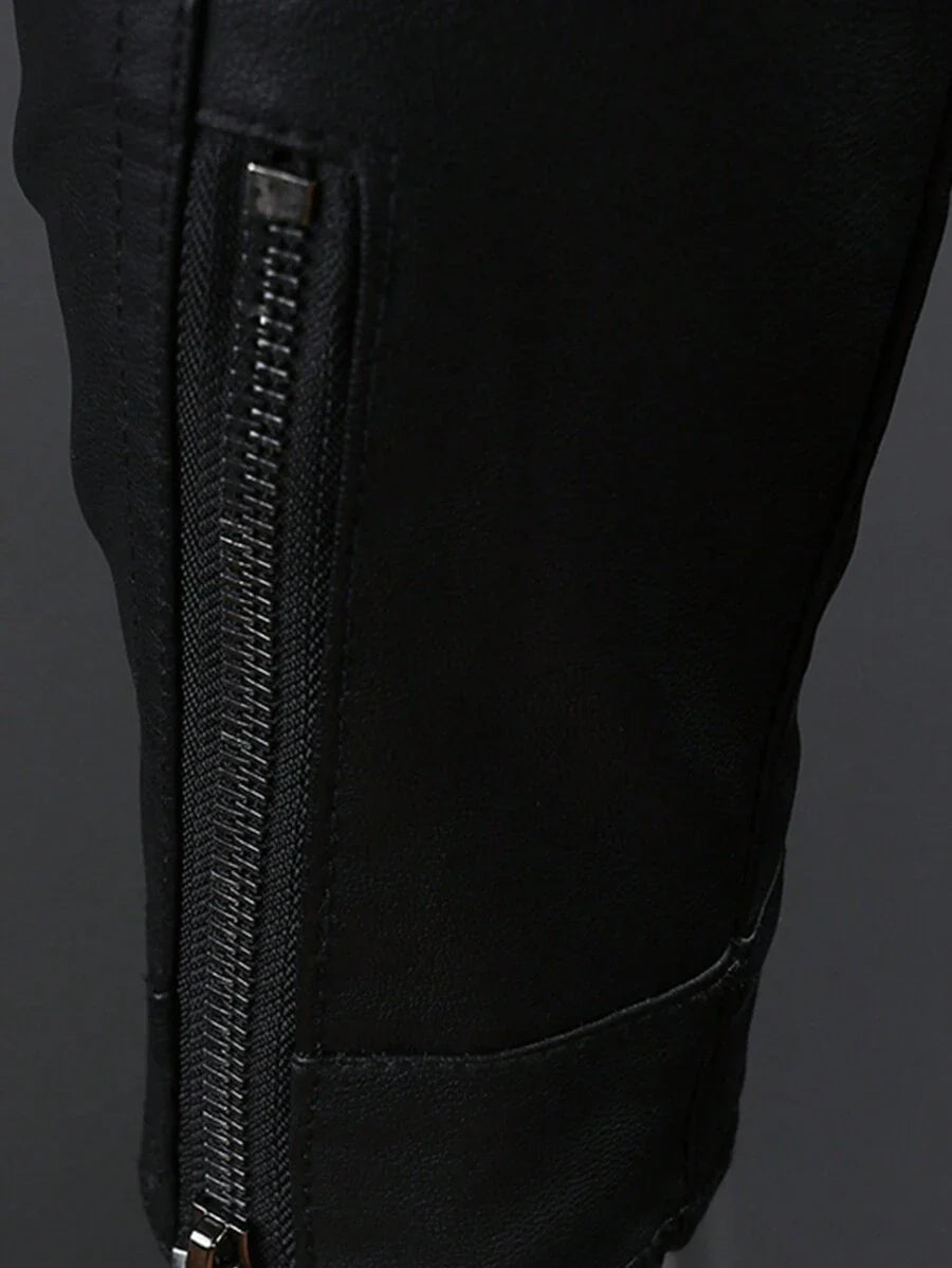 Real Men's Leather Jacket Distressed Vintage Lapel Men's Leather Jacket Slim Fit Short Men's Leather Jacket,Fleece